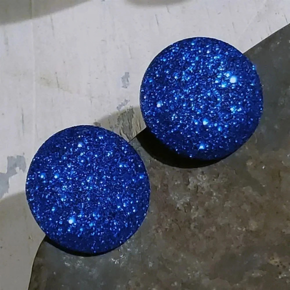 Retro 80s Club Glam Disco Sparkly Cobalt Blue Fabric Button Earrings - Picture 2 of 10
